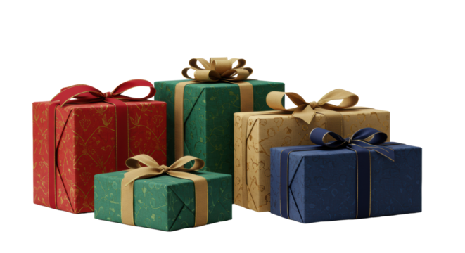 Five luxury gift boxes, elegant patterned paper (reds, greens, golds, silvers, whites, blues), textured ribbons, full bows, on a transparent studio background. Festive celebration concept - Powered by Adobe