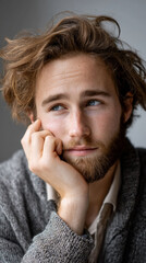 Pensive man rests hand on chin