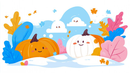 Naklejka premium Whimsical illustration of two friendly pumpkins, one orange and one white, resting on a soft snowy landscape adorned with vibrant autumn leaves and cheerful cloud characters
