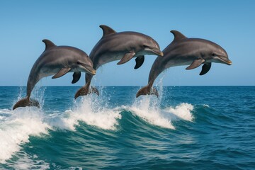 Obraz premium A spectacular trio of bottlenose dolphins leaping in perfect unison from the cresting waves of the deep blue sea