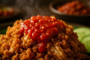 Crispy fried chicken smashed with spicy sambal, a popular Indonesian street food. Known for its bold flavor, crunchy texture, and fiery chili topping. Often served with rice.