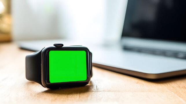 Modern Smartwatch Device with Green Screen Mockup on a Wooden Desk