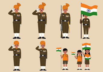 A collection of Indian soldiers in uniform and schoolchildren celebrating a national holiday with flags.