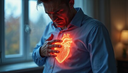 Man clutching chest experiences heart pain, cardiovascular issues. Glowing heart graphic emphasizes cardiac distress. Concerned expression highlights seriousness of chest discomfort, potential heart