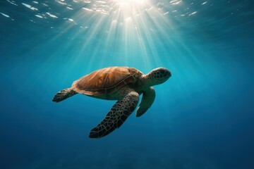 Obraz premium Majestic Sea Turtle Swimming Gracefully Underwater in Sunlit Ocean