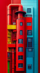 Obraz premium Dynamic Industrial Architecture with Primary Colors: A Striking Vertical Arrangement of Red Cylinders, Blue Paneling, and Yellow Walkways in a Modern Abstract Style
