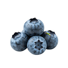 Obraz premium Macro close-up of vibrant ripe blueberries with powdery bloom & green stem, artfully placed on a transparent studio background with soft bokeh, concept of natural superfood