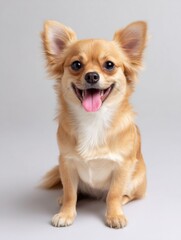 A small brown and white dog is sitting on a white surface. The dog has brown eyes and a black nose