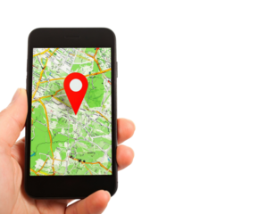Hand Holding Smartphone with Map and Red Marker Pin for Adventure Route, white background