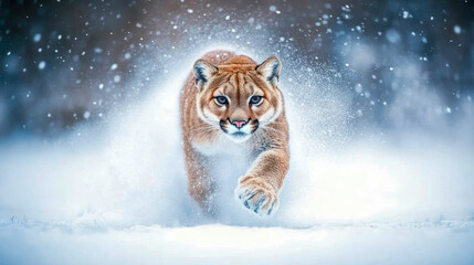 Obraz premium A majestic cougar, also known as a mountain lion or puma, powerfully charging through a pristine, snow-covered winter landscape, kicking up a flurry of sparkling white snowflakes.