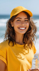 Radiant smile at the shore with bottle