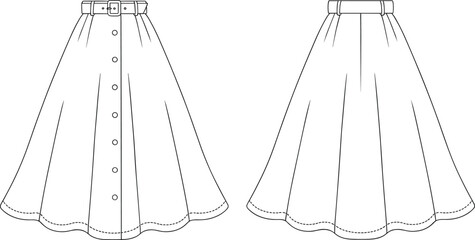 Women's high waist buttoned flared skirt technical sketch, front and back flat cad vector drawing, fashion design, clothing template