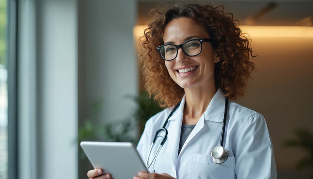 Smiling woman doctor wears lab coat, stethoscope. Holds tablet, wears glasses. Healthy medical professional, female physician with curly hair, confident in eye clinic. - Powered by Adobe