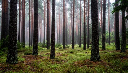 Fototapeta premium Misty Pine Forest Tranquility: Tall Trees and Lush Groundcover