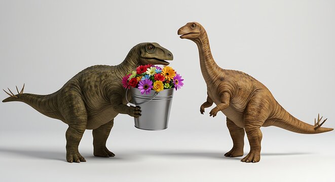 A Cute Little Dinosaur Offering a Bucket of Colorful Flowers to a Friend