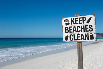 Encourage beach conservation and environmental responsibility with a 'Keep Beaches Clean' sign on a pristine sandy shore under a bright blue sky, inspiring eco-friendly practices