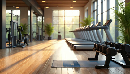 Modern gym interior with treadmills, weight machines, dumbbells. Natural light streams through large windows, illuminating polished wood floor. Green plants add touch of life to clean, well-equipped