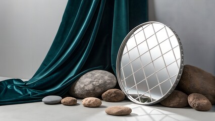 A round silver mirror with a grid pattern on one side is positioned in the mid-ground of a minimalist still life