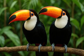 Fototapeta premium A beautiful pair of vibrant toco toucans with large orange beaks perched together on a branch in a lush tropical rainforest