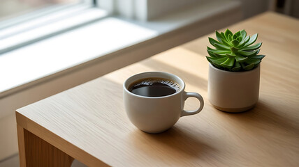 Morning Serenity A Cup of Coffee and a Succulent Plant on a Wooden Table Near a Bright Window