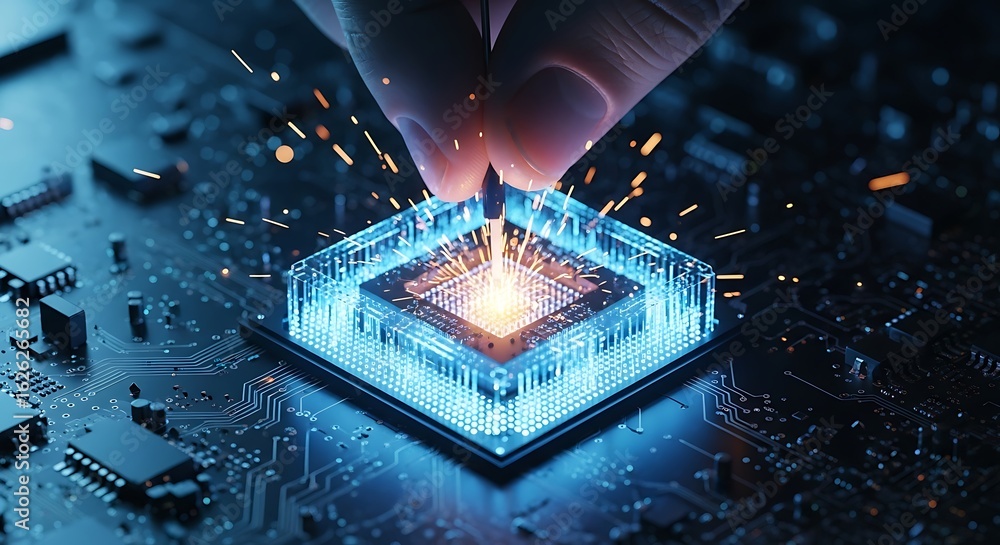 Poster glowing microchip with sparks circuit board technology