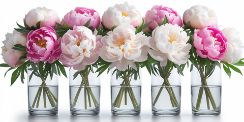 Obraz premium Pink and white peonies in clear glass vases flowers floral arrangement