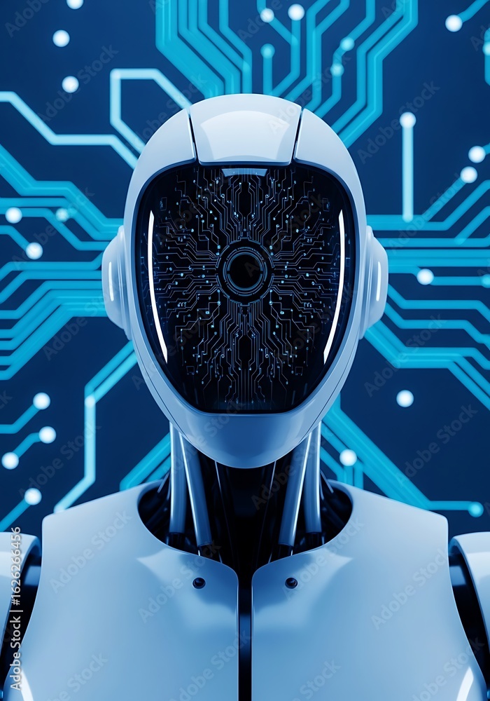 Poster futuristic robot head with glowing circuit eye android