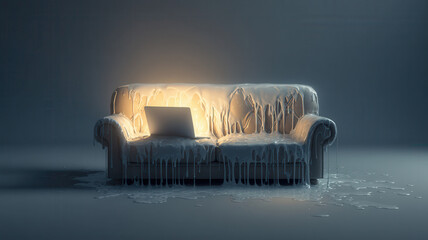 A couch covered with ice with a laptop on it. A symbol of isolation and the impact of cold environment