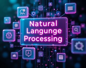 Futuristic digital interface displaying a Natural Language Processing concept. AI for text analysis, machine learning, and human-computer interaction.