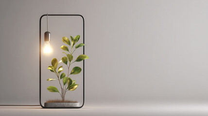 Fototapeta premium A conceptual image featuring a plant in a smartphone-shaped frame, illuminated by a light bulb