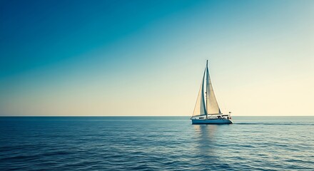 Naklejka premium Sailboat glides smoothly across the blue ocean under a clear azure sky on a sunny day