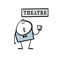 Elegant cartoon stickman in a suit and bow tie holds two tickets. vector illustration of a man standing at the entrance under the sign of the theater. Funny character loves art.