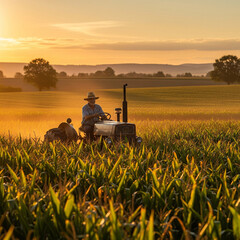 Obraz premium Farmer driving vintage tractor through cornfield at sunset with golden light