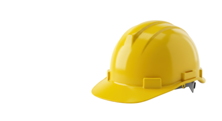 Pristine brand-new yellow hard hat with prominent brim, no logos, isolated on a transparent seamless studio background with copy space, high-key shadowless lighting. Workplace safety concept