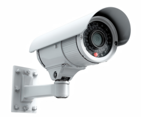 Close up surveillance camera on white wall for modern security, protection and privacy on transparent background silhouette