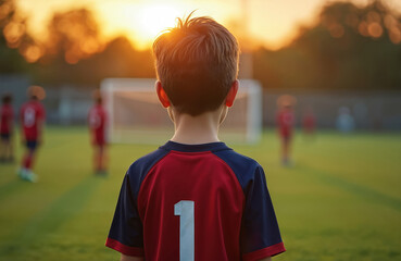 Fototapeta premium Young boy in red soccer jersey with number 1 watches game at sunset. Blurred teammates train on green field. Focus on youth athlete, team sport, childhood excitement, training.