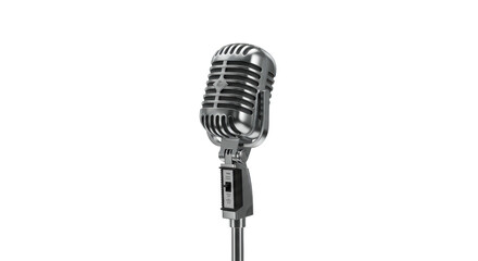 Obraz premium Highly polished silver and chrome vintage microphone with detailed grille on a slender stand, isolated on transparent studio background with soft high-key lighting, corporate communication concept