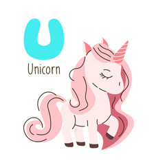 Cute cartoon illustration of a unicorn with the letter U, ideal for kids' alphabet learning, educational posters, and nursery decor