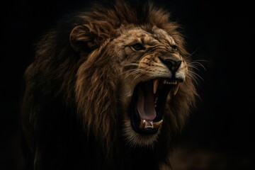 Fototapeta premium A magnificent and powerful male lion roars with intense ferocity, showcasing its impressive mane and sharp teeth against a dramatic, dark background