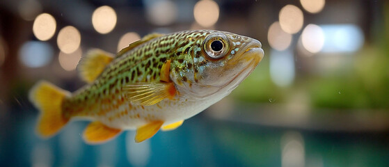 Speckled fish swims in aquariums filtered light