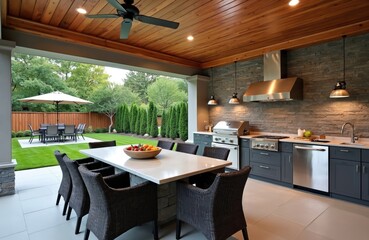 Modern outdoor kitchen featuring stainless steel grill, stone backsplash, dark cabinetry. Includes large dining table with wicker chairs, manicured lawn with trees in background. Perfect for
