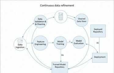 Data flow diagram. Process decomposition and data flow analysis. Engineer using laptop computer to manage data processing system.  