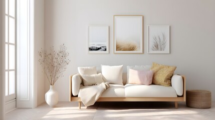 Modern Minimalist Living Room with White Couch and Wall Art