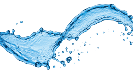 Pristine vibrant blue water element frozen in a dynamic splash with air bubbles & droplets, isolated on transparent background, studio shot, Concept of freshness and dynamic flow