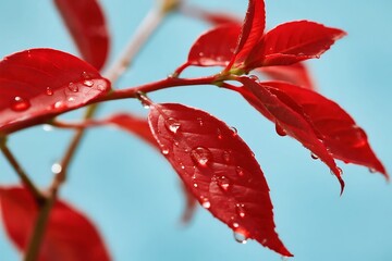 Vibrant red leaves with water droplets