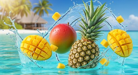Pineapple mango water splash tropical fruit
