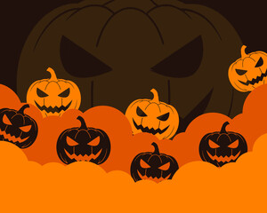 Halloween pumpkins banner backgroung. Spooky squash lanterns silhouettes, scary jack-o-lanterns halloween flat vector background illustration.