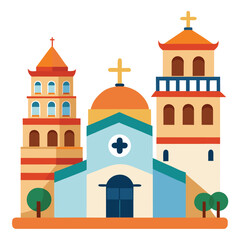 A Spanish mission with a bell tower and archways, on a clean background, a historic building from a past time.