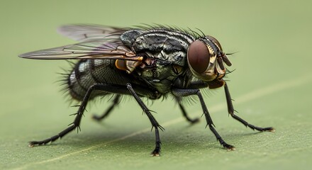 Fototapeta premium Detailed macro photograph of a common fly perched on a green leaf, showcasing its intricate compound eyes and hairy body.