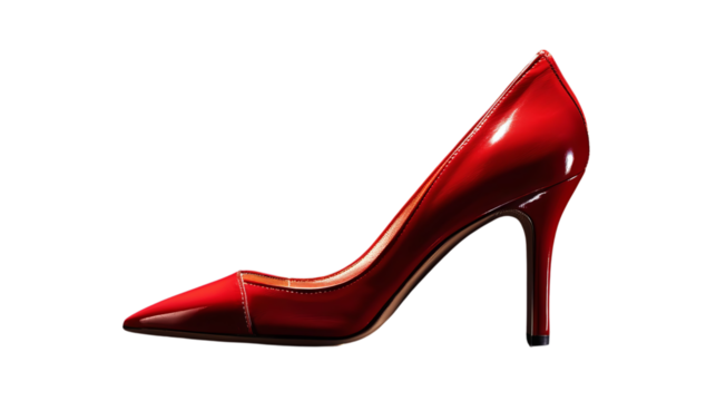 PNG of Elegant red patent leather high heel shoe with a sleek design and sharp silhouette.